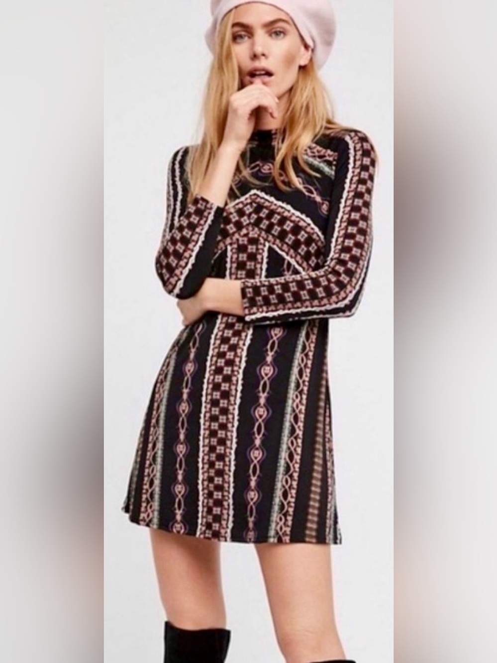 Free People Stella Print Mini Dress High Neck Bracelet Sleeves Sz S